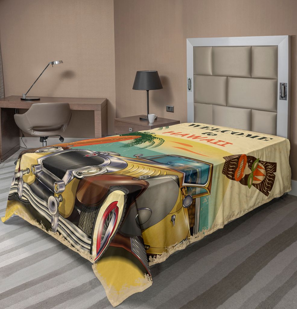 ABAKUHAUS Retro Bettlaken, Willkommen In Hawaii Amerikanischen Pop Art Mit Alten Auto Palmen Tribal Maske Surfbretter, weiches bequemes oberes Bett...