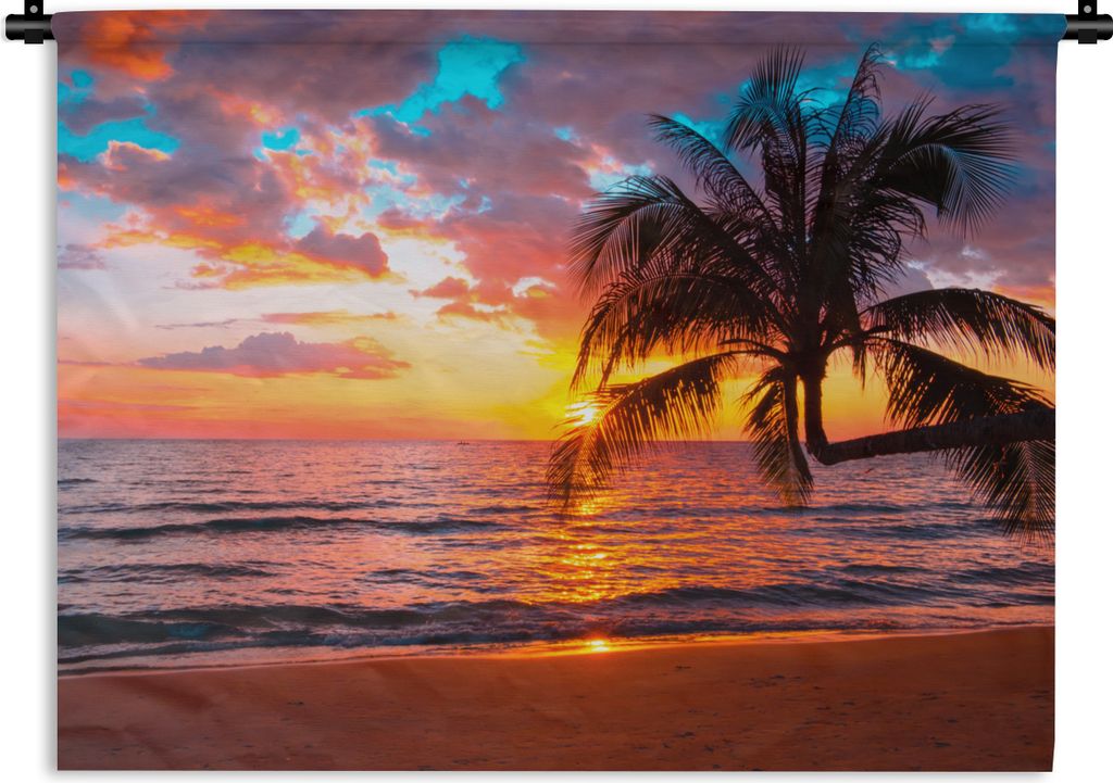 MuchoWow Wandteppich Wandbehang Palme - Sonnenuntergang - Strand - Meer - Horizont 60x45 cm Tapisserie Dekoration Wandtuch - Das Schlafzimmer
