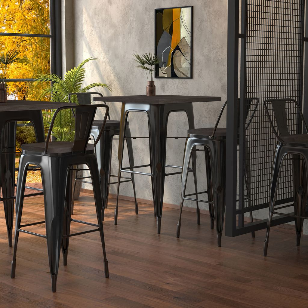 CALIFORNIA | Tolix Tisch- & Stuhl-Set | 2x Barstuhl + Rückenlehne | 60x60cm | Wenge & Schwarz Matt | Industrie Vintage Retro Restaurant Hotel Knei...