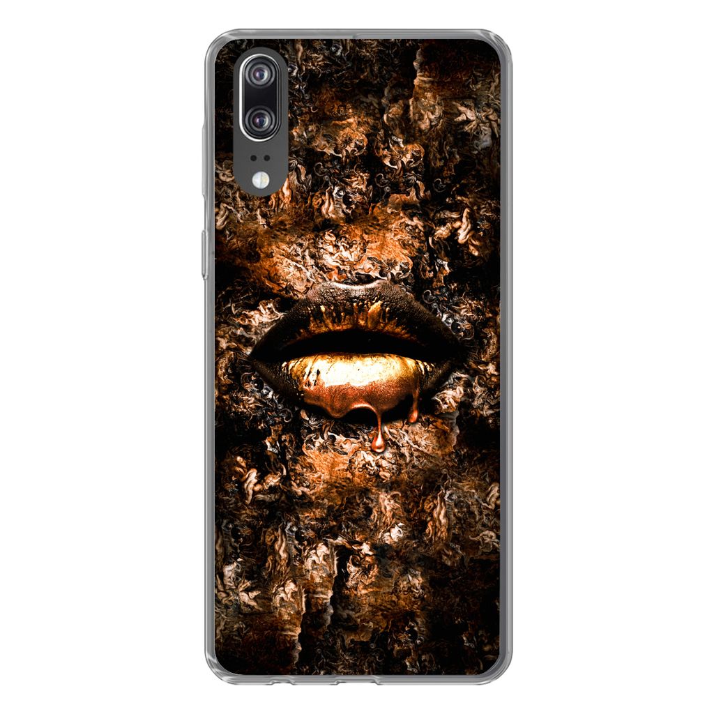 MuchoWow Handyhülle Schutzhülle Hülle für Huawei P20 Frau - Lippen - Kupfer Silikon Softcase Handy Hülle - Hardcover