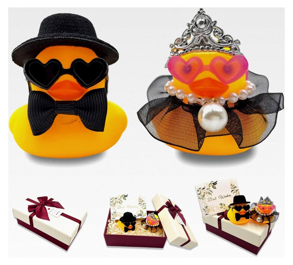 2er-Set Quietscheenten Braut und Bräutigam, Lustige Hochzeitsgeschenke für das Hochzeitspaar, Figuren mit Karte und Geschenkbox (Schwarz)