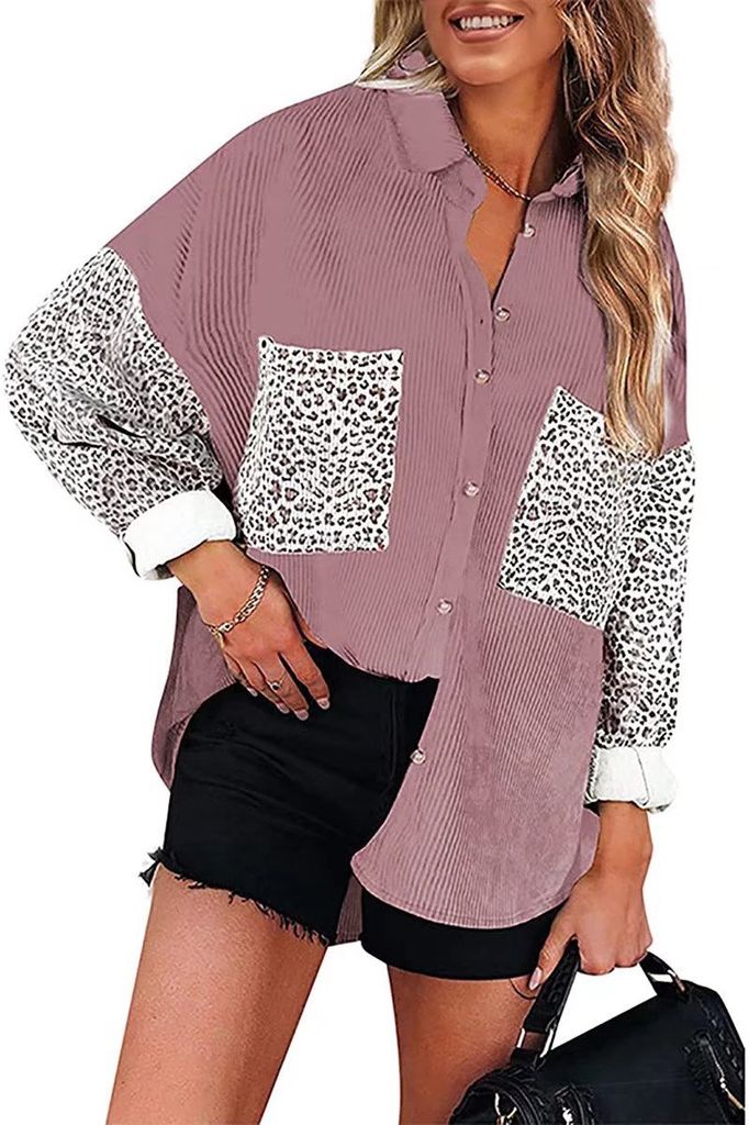 ASKSA Damen Bluse Reverskragen Langarm Shirts Cord Oversized Hemdjacke Knöpfen Cardigan Oberteil, Rosa, XXL