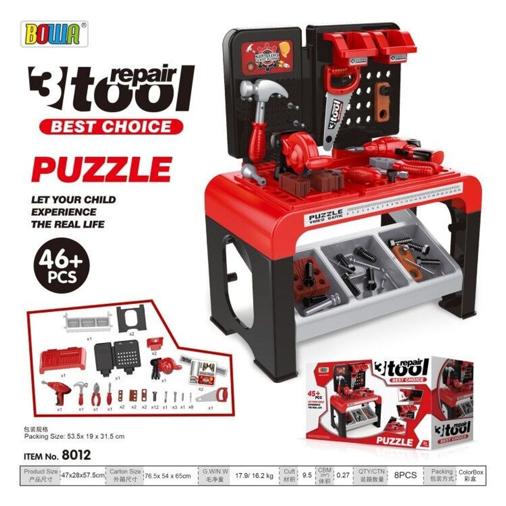 Kompakte Werkstatt für Kinder ab 3 Jahren. Kleiner DIY-Bausatz 46-tlg. + Werkzeuge + Zubehör