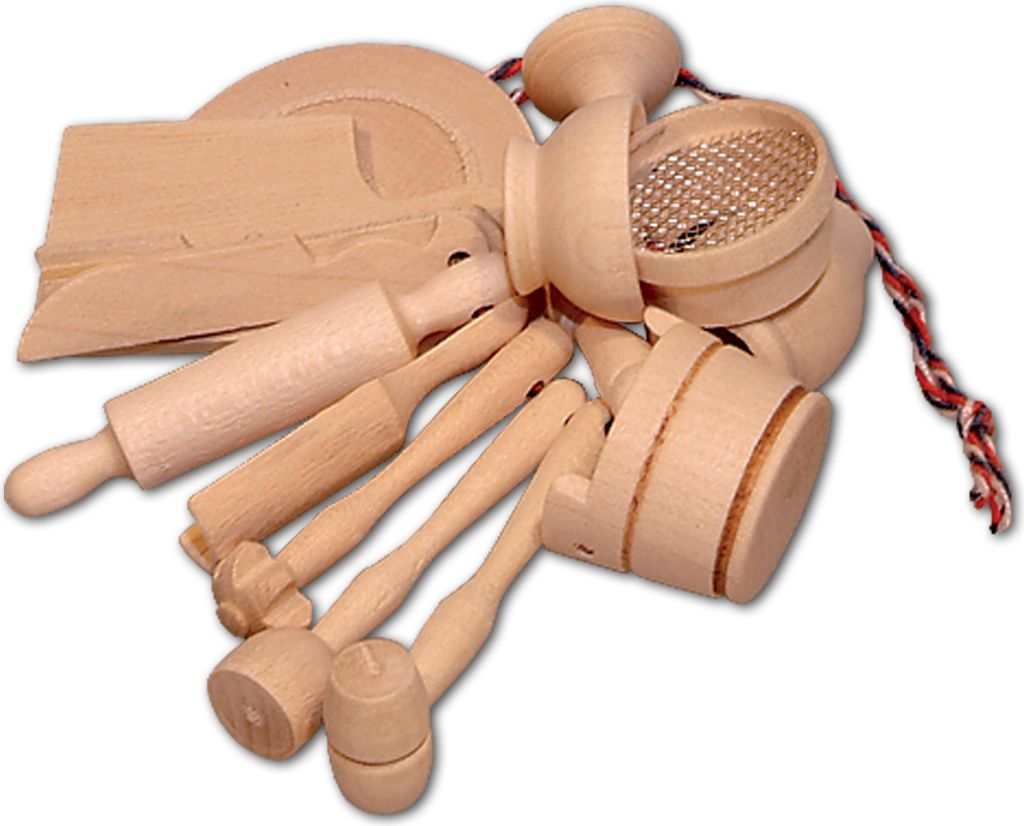 Hofmeister Holzwaren, 15-er Küchenminiaturen, Küchenhelfer, Spielzeug für Kinder, am Band zum Aufhängen, Puppenküche, Kaufmannsladen, aus Ahor...