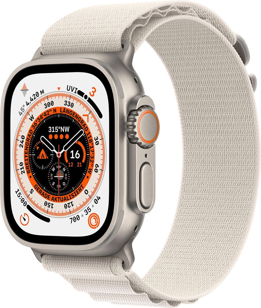 A close-up studio shot of an Apple Watch Ultra with an Alpine Loop band.