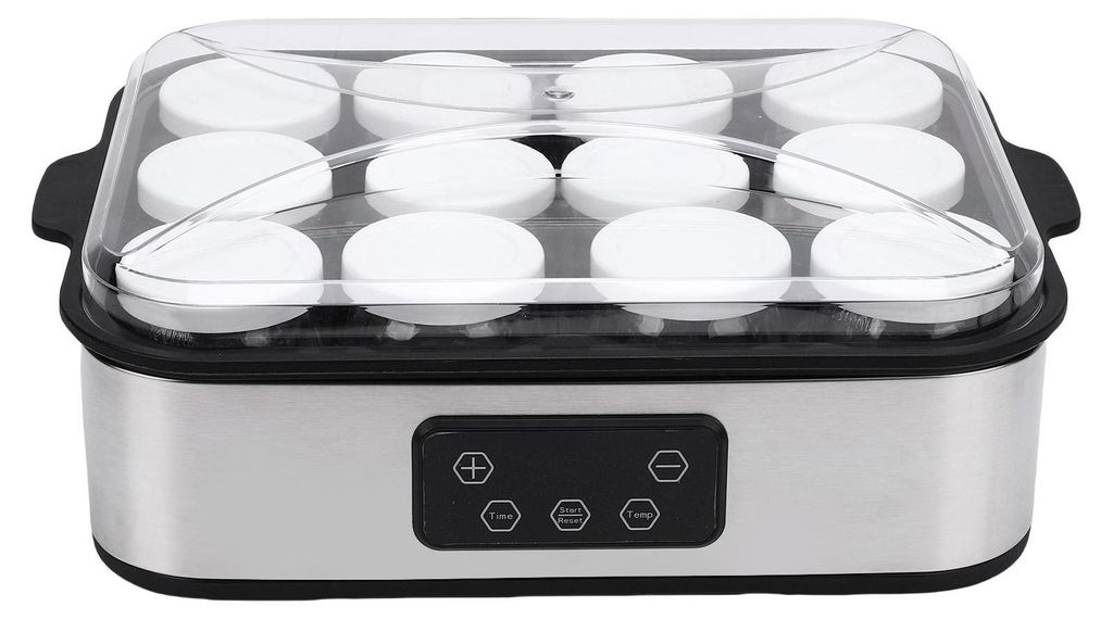 A yogurt maker with multiple cups inside, shown from a front-facing angle on a white background.