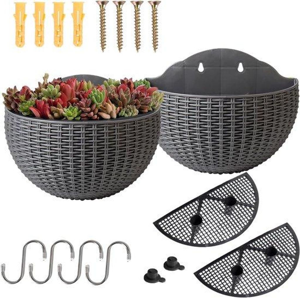 Wandmontage Halfronde Rattan-imitatie Balkon Binnen Buiten Tuin Decor Zelfbevloeiende Blumenstand mit Wasserbehälter Silber Grau 2er-Pack