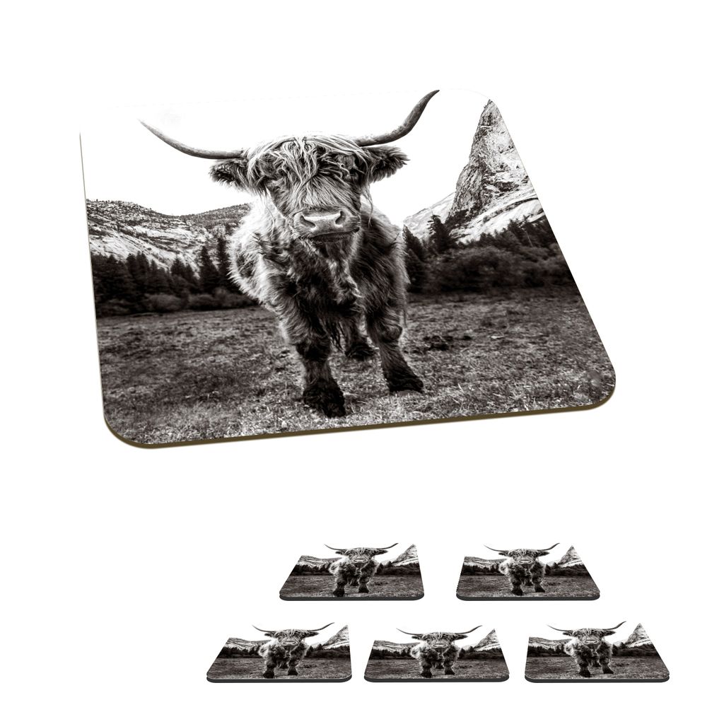 KitchenYeah Glasuntersetzer Quadratisch 6er Set Berg - Schwarz - Weiß - Schottisches Hochlandrind 10x10 cm Untersetzer für Gläser - Getränke...