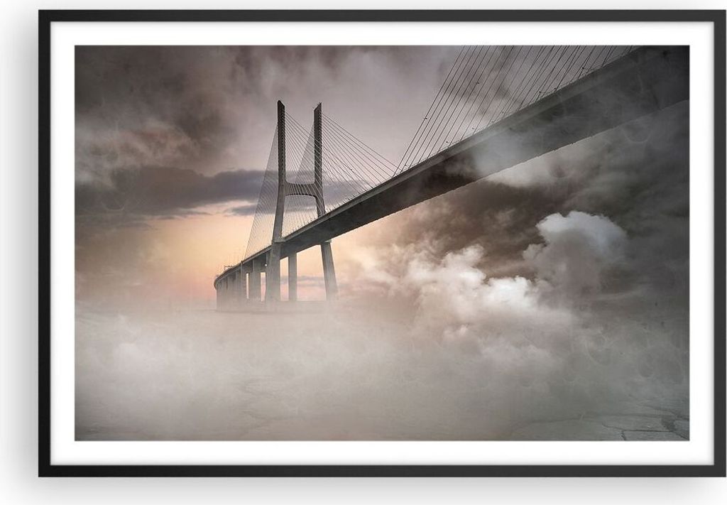 Gerahmtes Poster - Schwarzer Rahmen - Brücke Nebel Wasser - 91,5x61 cm - Wand Bild - Wanddeko - Wandbilder - Kunstposter - Wandposter - Bilderrahm...