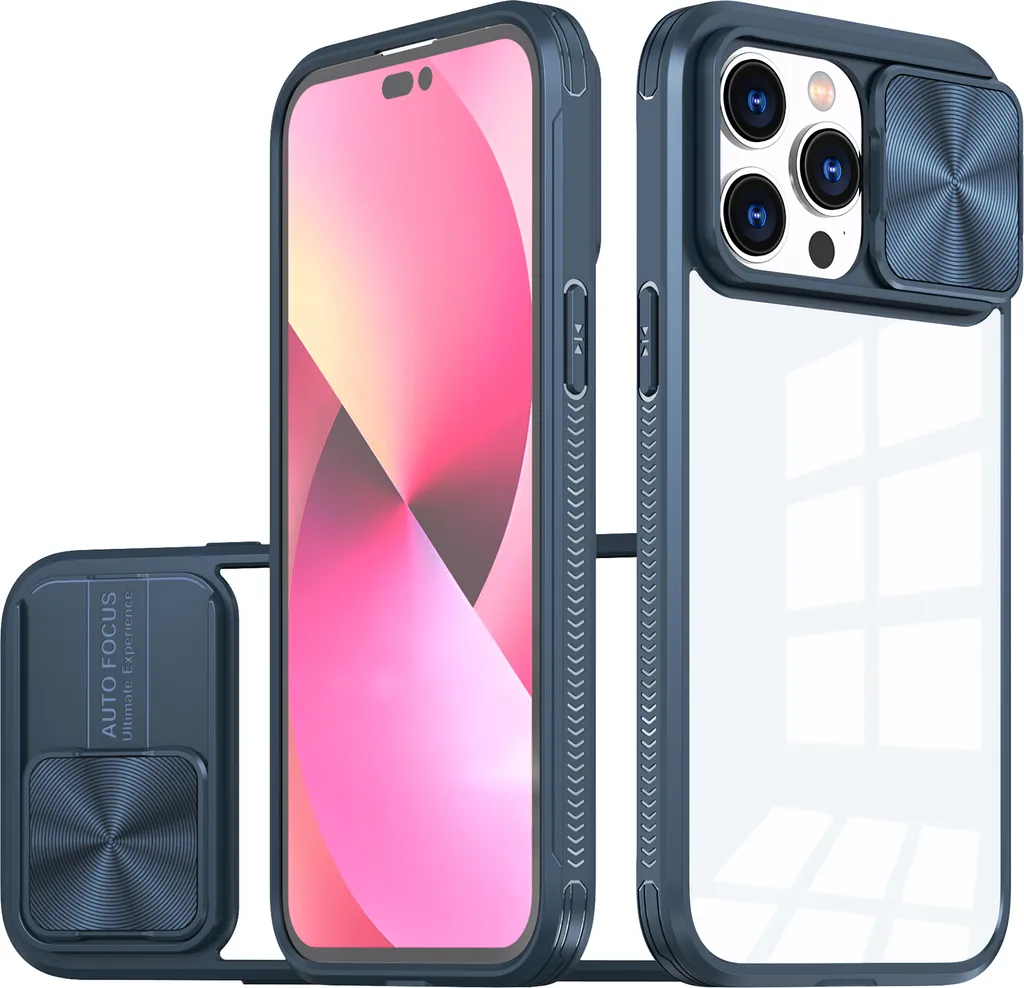 Custodia per iPhone 14 Pro Custodia ibrida trasparente in TPU con cover fotocamera scorrevole blu