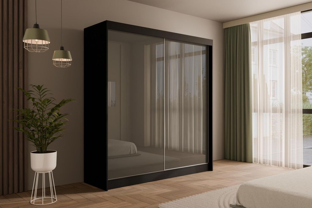 ALTDECOR Kleiderschrank mit Lacobel-Schiebetüren, kugelgelagerte Führungsschienen und Aluminium-Leisten - PEKA - 200 cm Schwarz / Grau