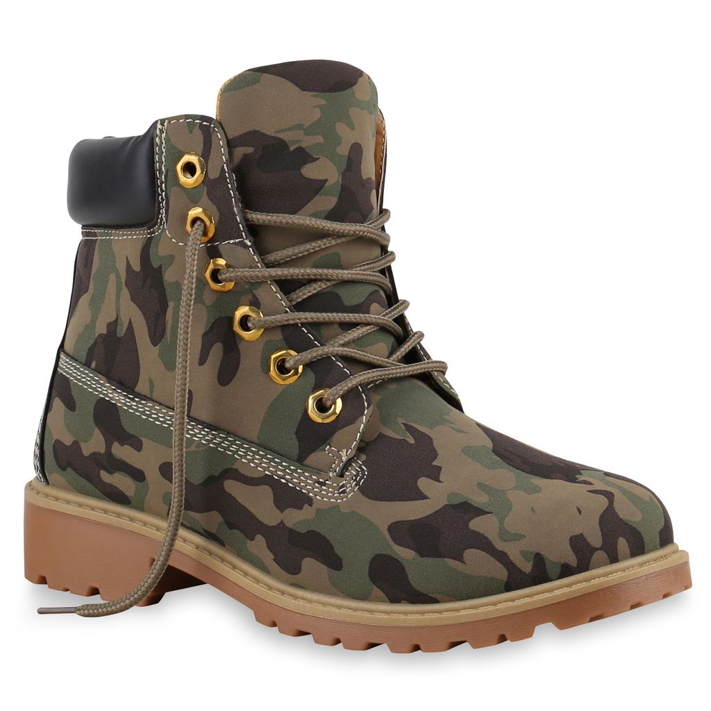 Mytrendshoe Damen Stiefeletten Camouflage Outdoor Worker Boots Schnürstiefel 814124, Farbe: Camouflage, Größe: 36