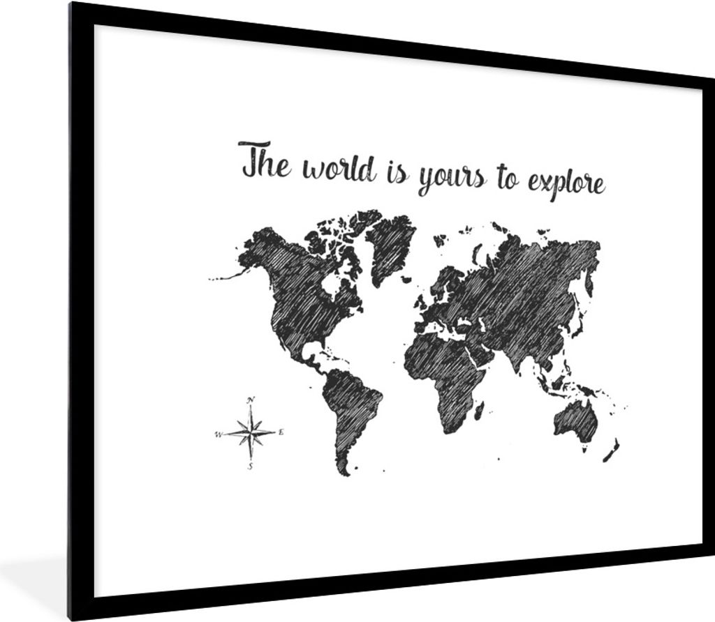 MuchoWow Gerahmtes Poster Weltkarte - Reisen - Skizze 80x60 cm - Poster mit Schwarzem Bilderrahmen Wandposter Rahmen Foto Bilder - Schlafzimmer-D...