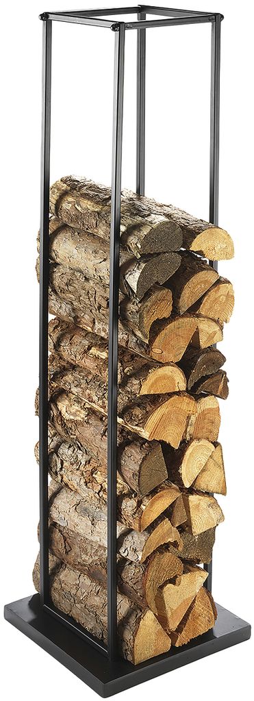A black metal firewood rack filled with logs, shown against a white background.