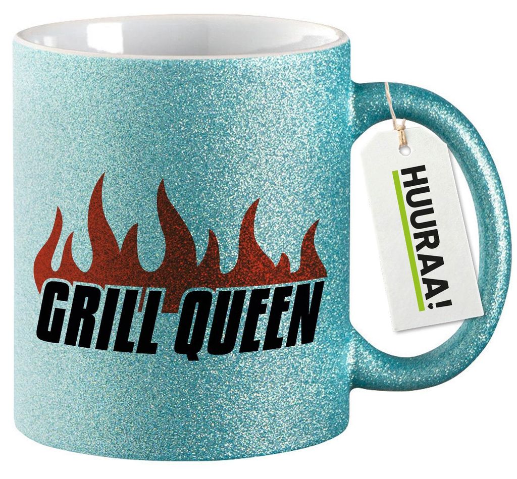 Huuraa Glitzertasse Grill Queen Flammen 330ml Blau Keramik Kaffeebecher Geschenkidee