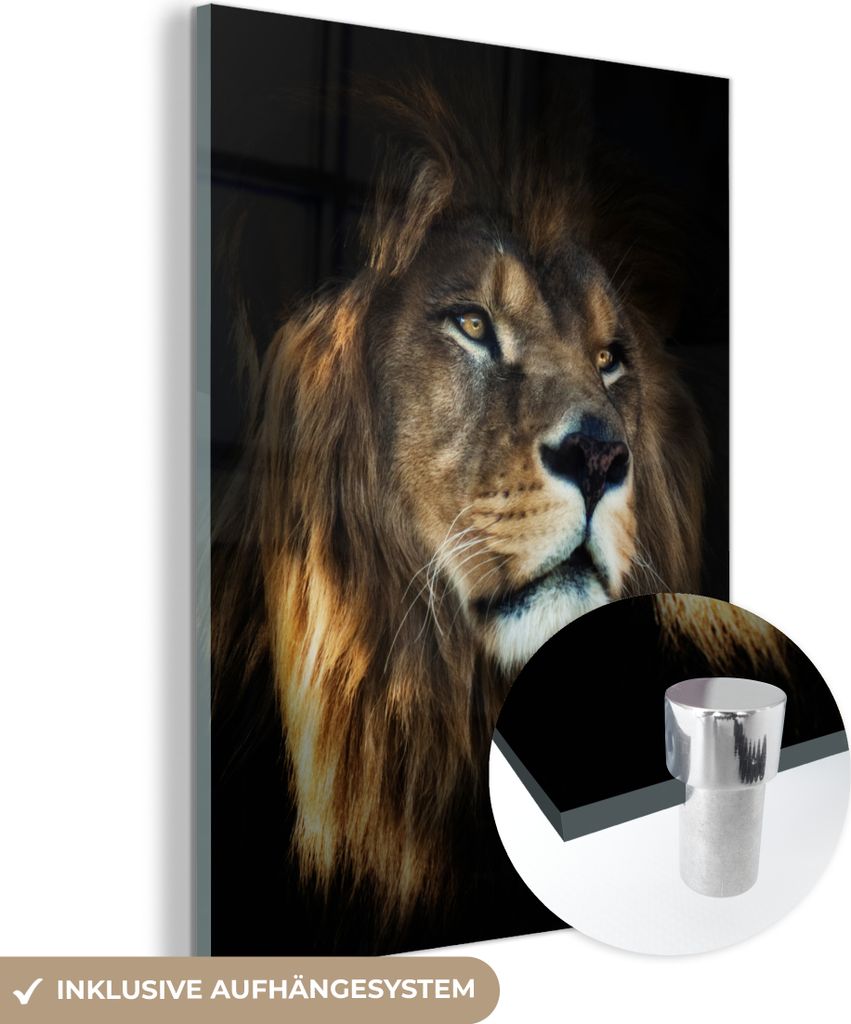 MuchoWow Glasbilder - Bilder auf Wandbild - Foto auf Glas Löwe - Fell - Schwarz 60x80 cm Wanddekoration aus Glas - Acrylglasbild - Acrylbilder - Foto