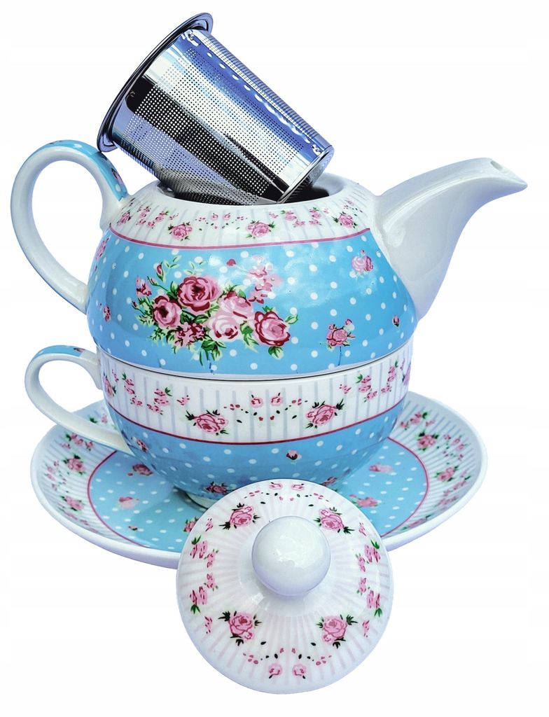 Tea for One Teeset blau Blumen Porzellan 3-teilig mit Teekanne 400ml Tasse 270ml Edelstahlfilter Geschenkbox