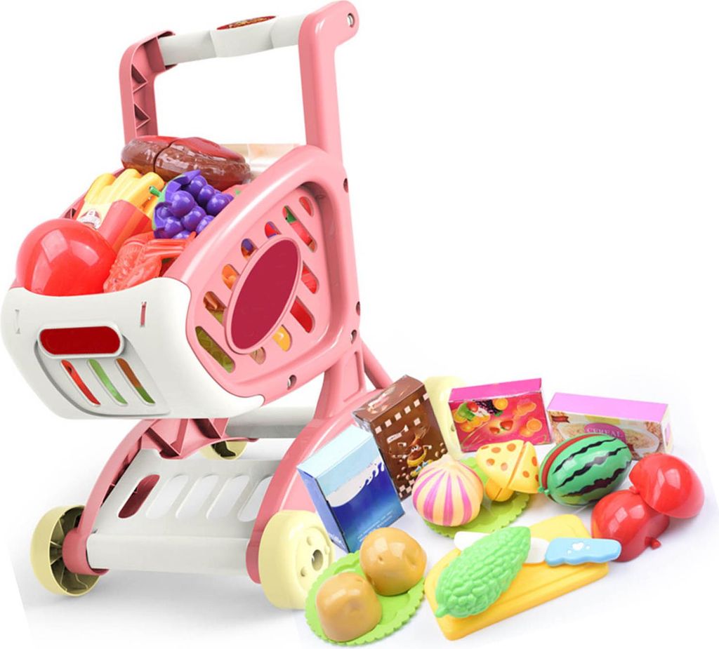 Kids Grocery Cart Play Set Fruit Vegetables Food Items Educational Bright Color Shopping Cart Toy Set Pink