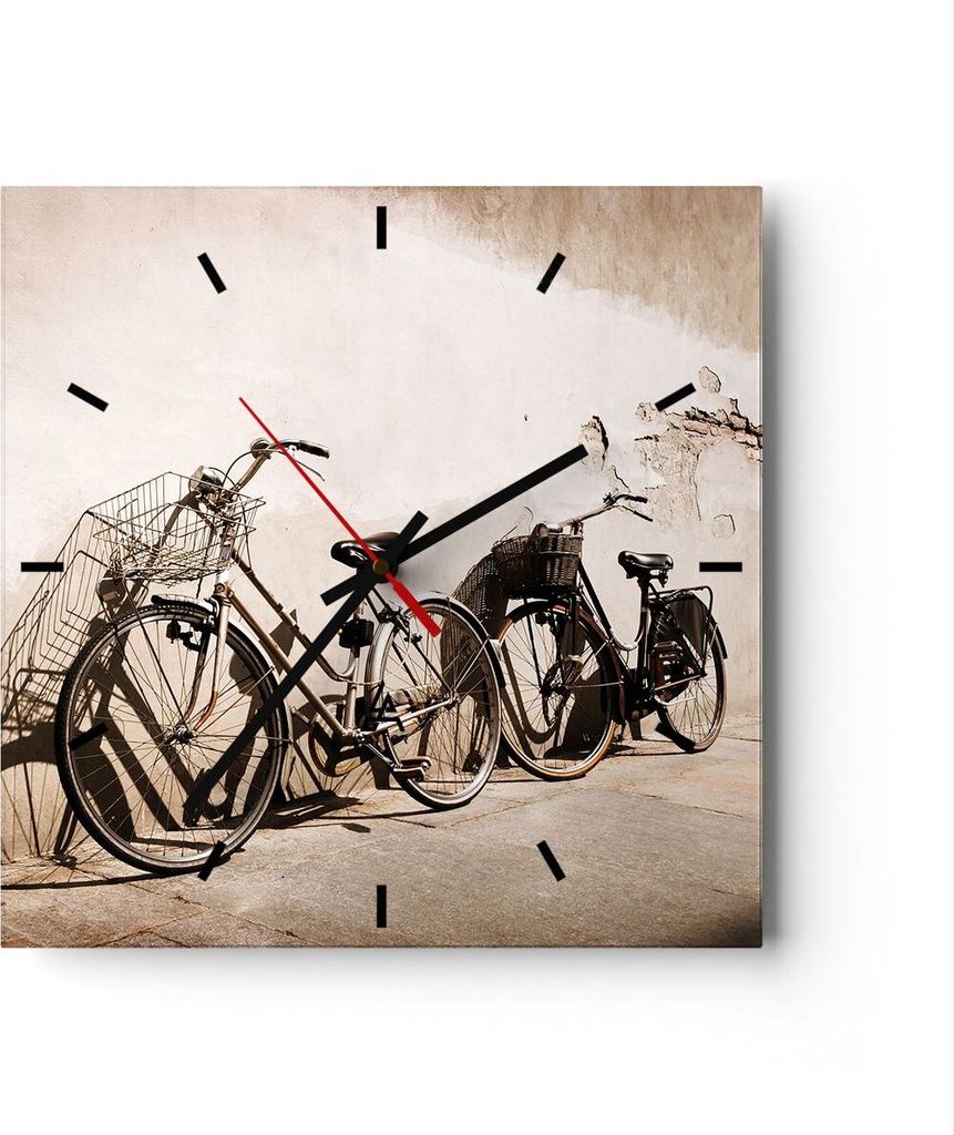 Wanduhr - Quadrat - Glasuhr - Fahrrad Ziegel Stadt Italien - 40x40cm - Schleichendes Uhrwerk - Lautlos - zum Aufhängen bereit - Dekoration Modern ...