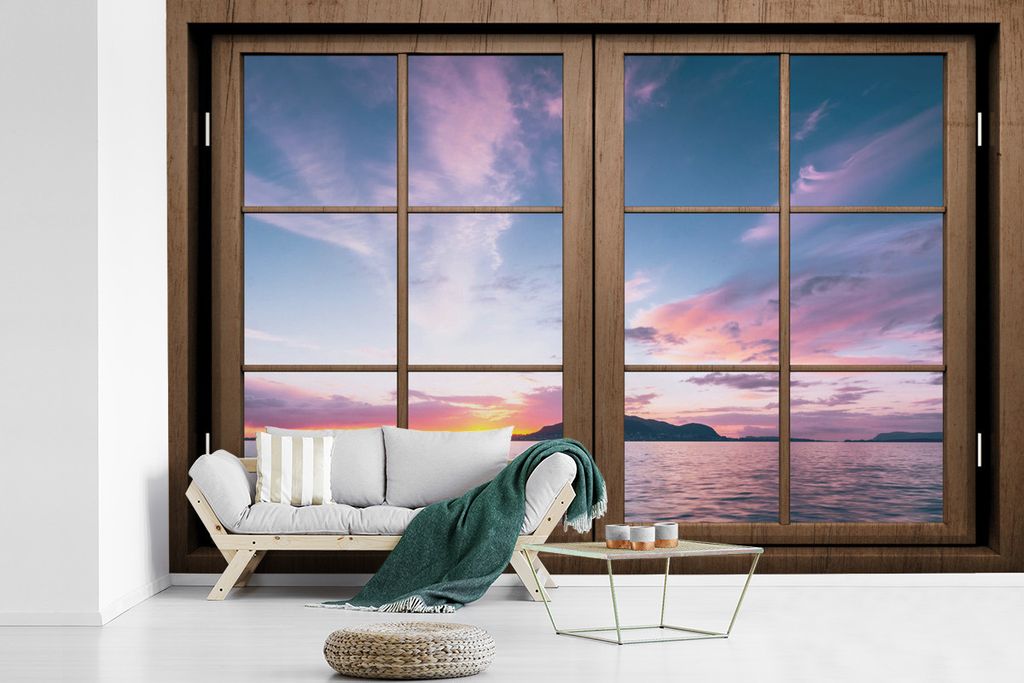 MuchoWow Fototapete für Wohnzimmer oder Schlafzimmer Wandtapete Vinyl Motivtapete Aussicht - Meer - Berge - 600x400 cm - Vinyltapeten