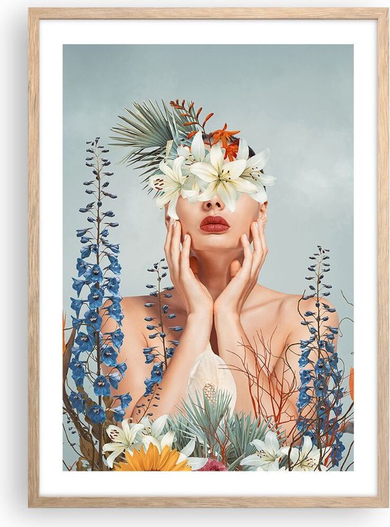 Gerahmtes Poster - Rahmen in heller Eiche - Surreal Frau Blumen - 50x70 cm - Wand Bild - Wanddeko - Wandbilder - Kunstposter - Wandposter - Bilderr...