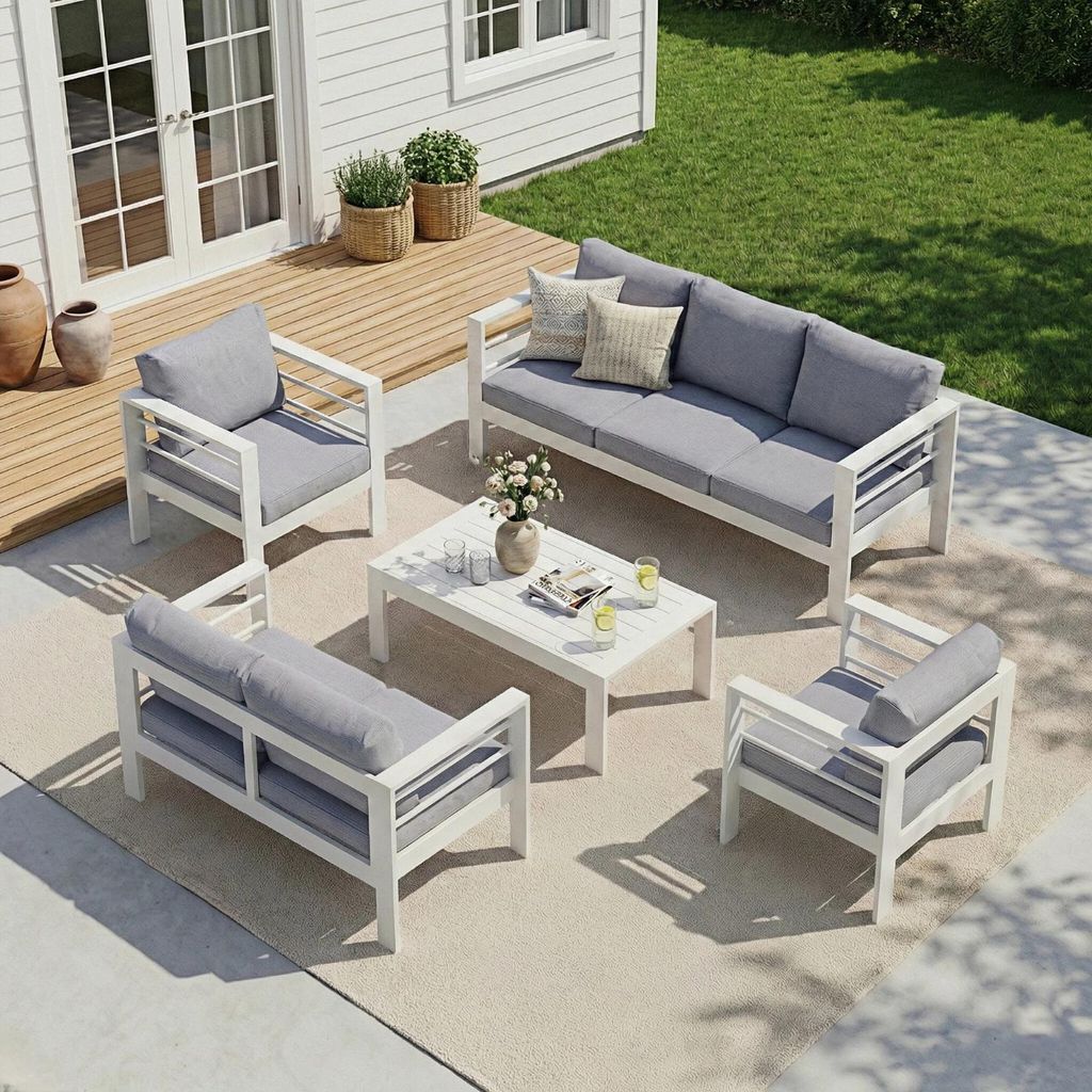 MeXo Gartenmöbelset, Loungeset Aluminium für 6-7 Personen mit Kissen & Couchtisch Indoor Outdoor Balkon Garten Terrasse (Sitzgruppe, Aluminiumrah...