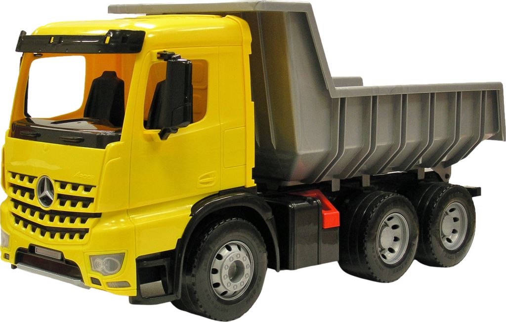 A yellow toy dump truck with a gray dump bed is shown against a white background.