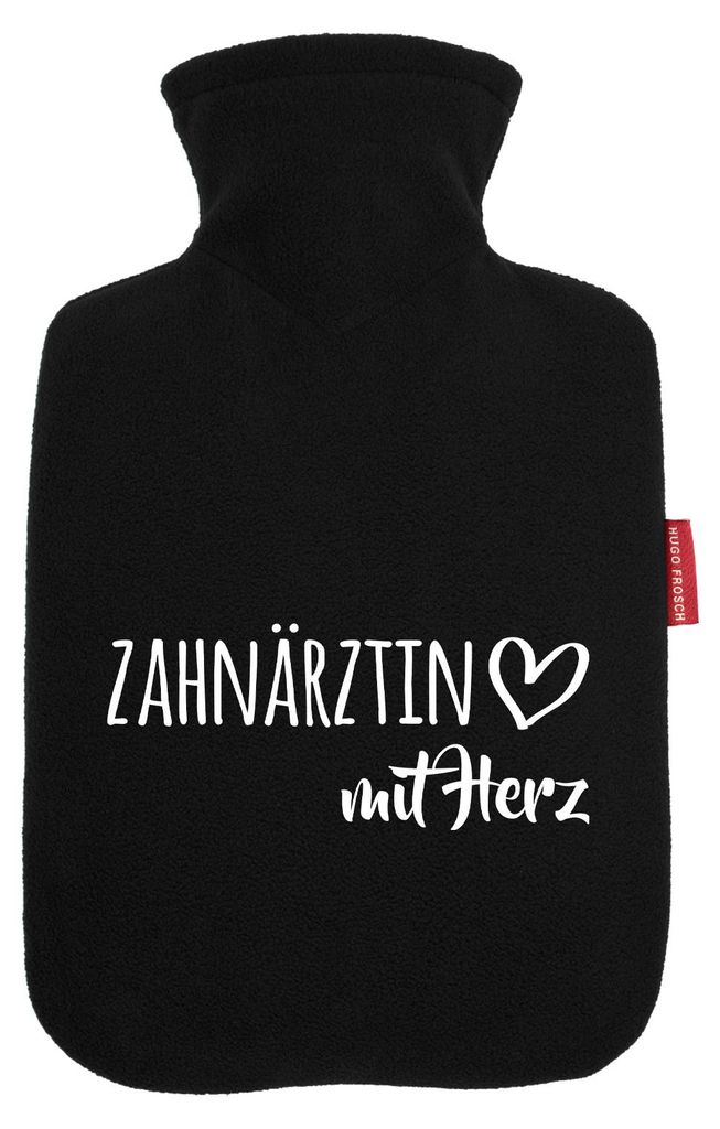 Huuraa Wärmflasche Zahnärztin mit Herz 1,8 Liter Black Classic Veloursbezug Bettflasche Geschenkidee