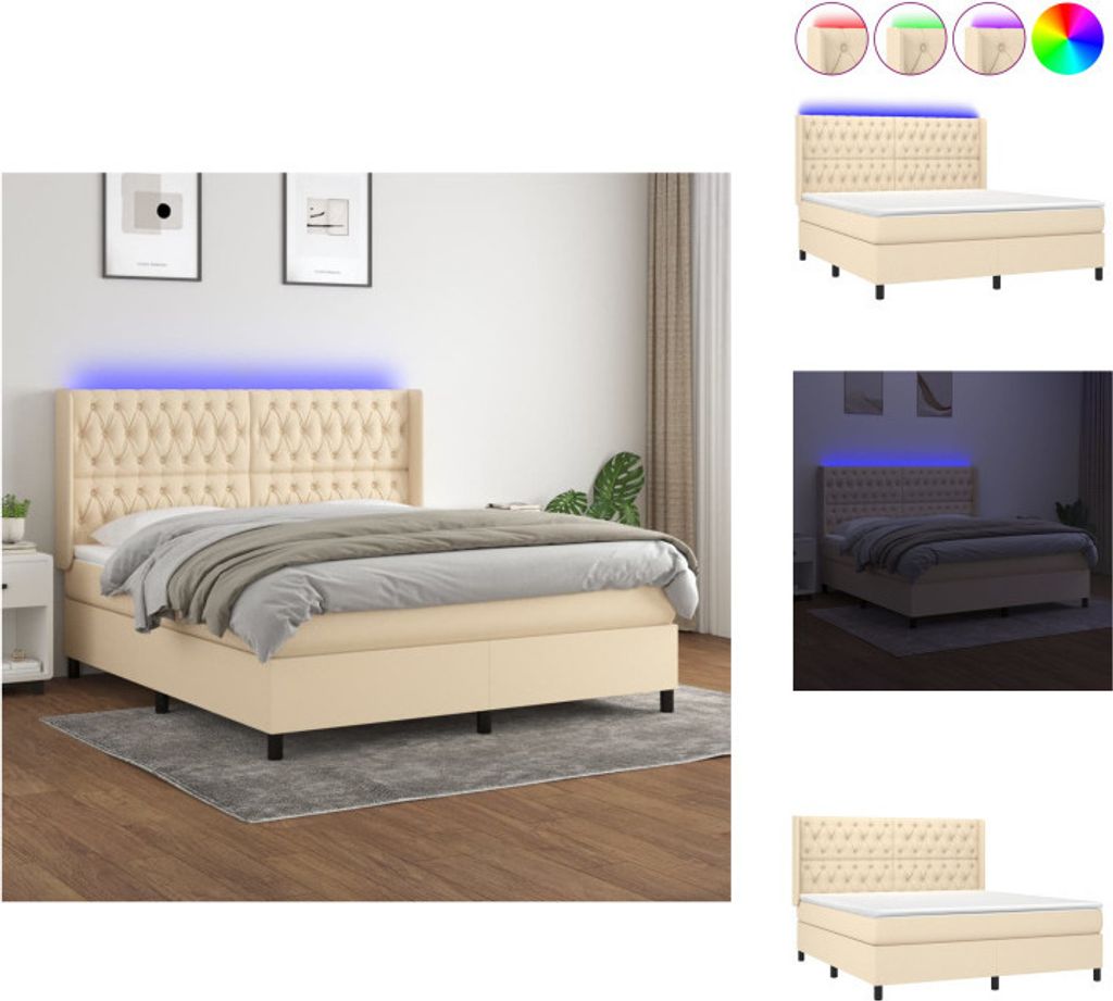 vidaXL Boxspringbett mit Matratze & LED Creme 160x200 cm Stoff - Betten & Bettgestelle