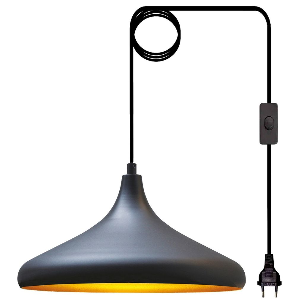 A black pendant lamp with a gold interior, suspended by a black cord with a plug and switch.