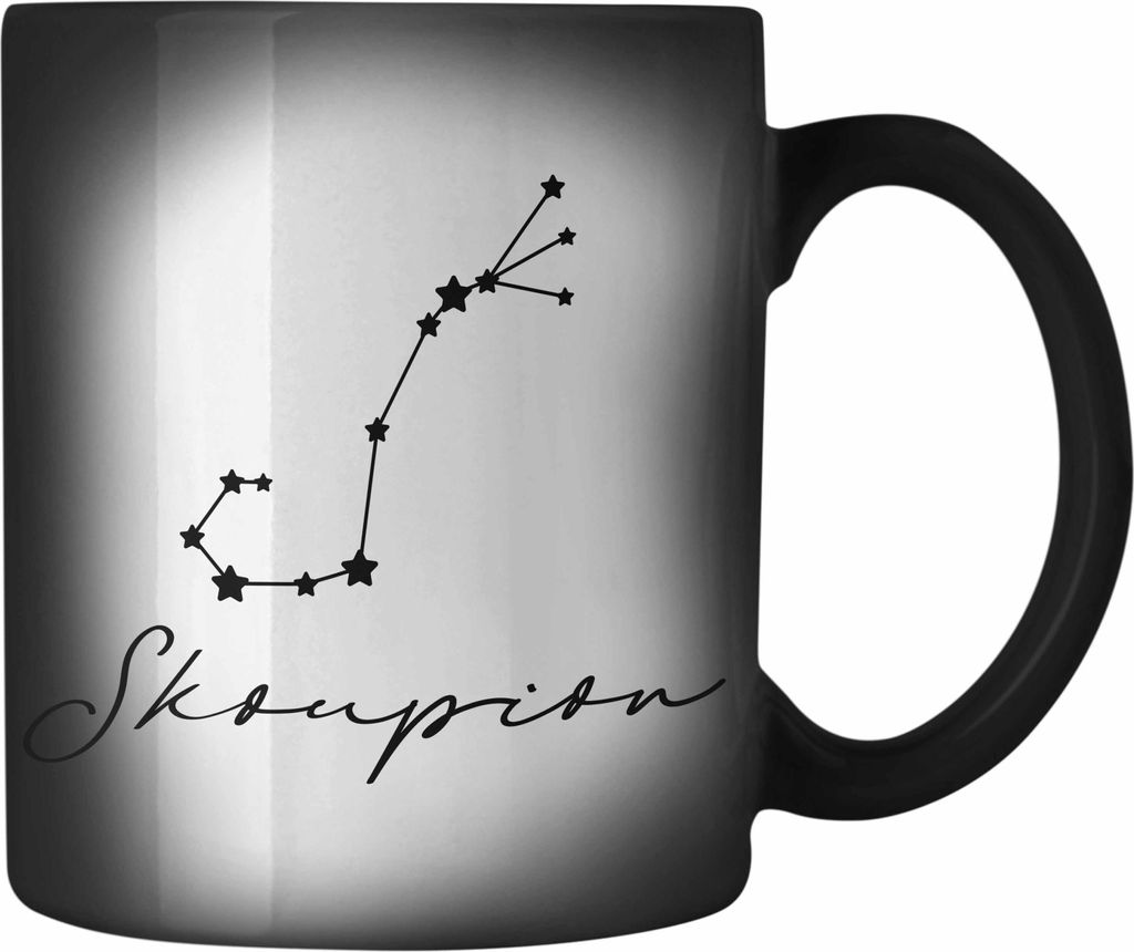 Trendation - Skorpion Sternzeichen Farbwechsel Zauber-Tasse Geschenk Horoskop Tierkreiszeichen (Schwarz)