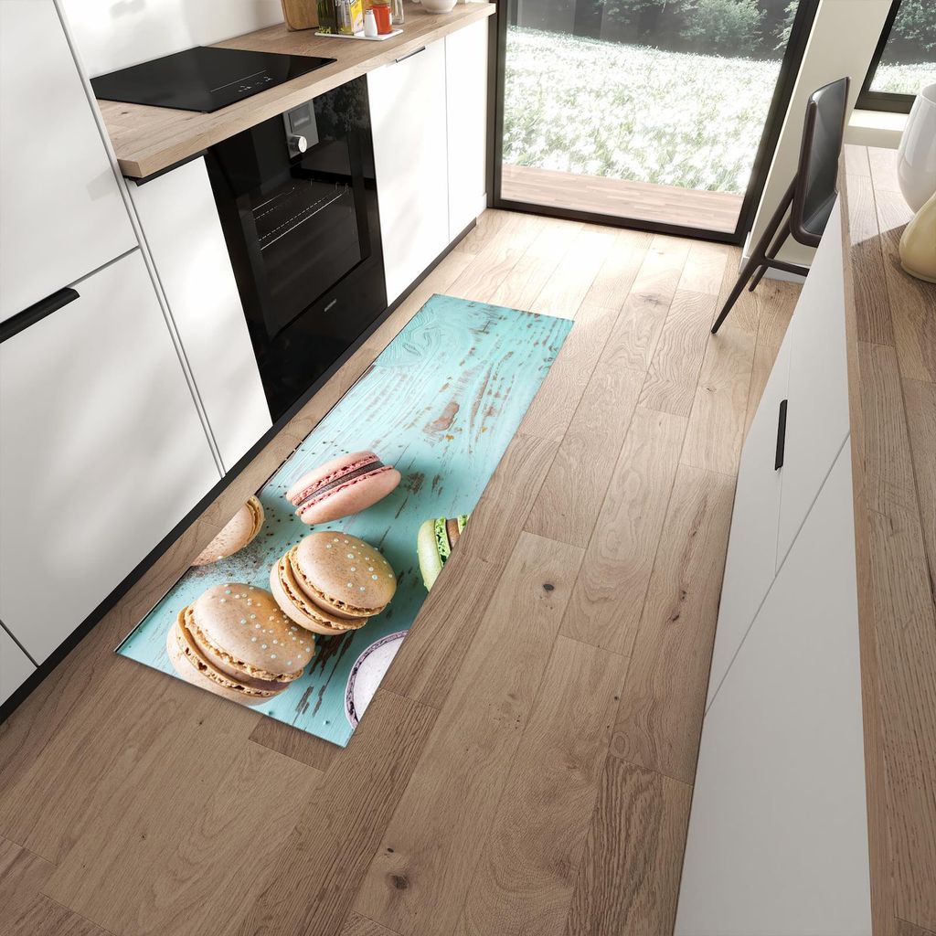 Küchenteppich 60x180cm rutschfest & abwischbar PVC Läufer - Macarons auf Holz