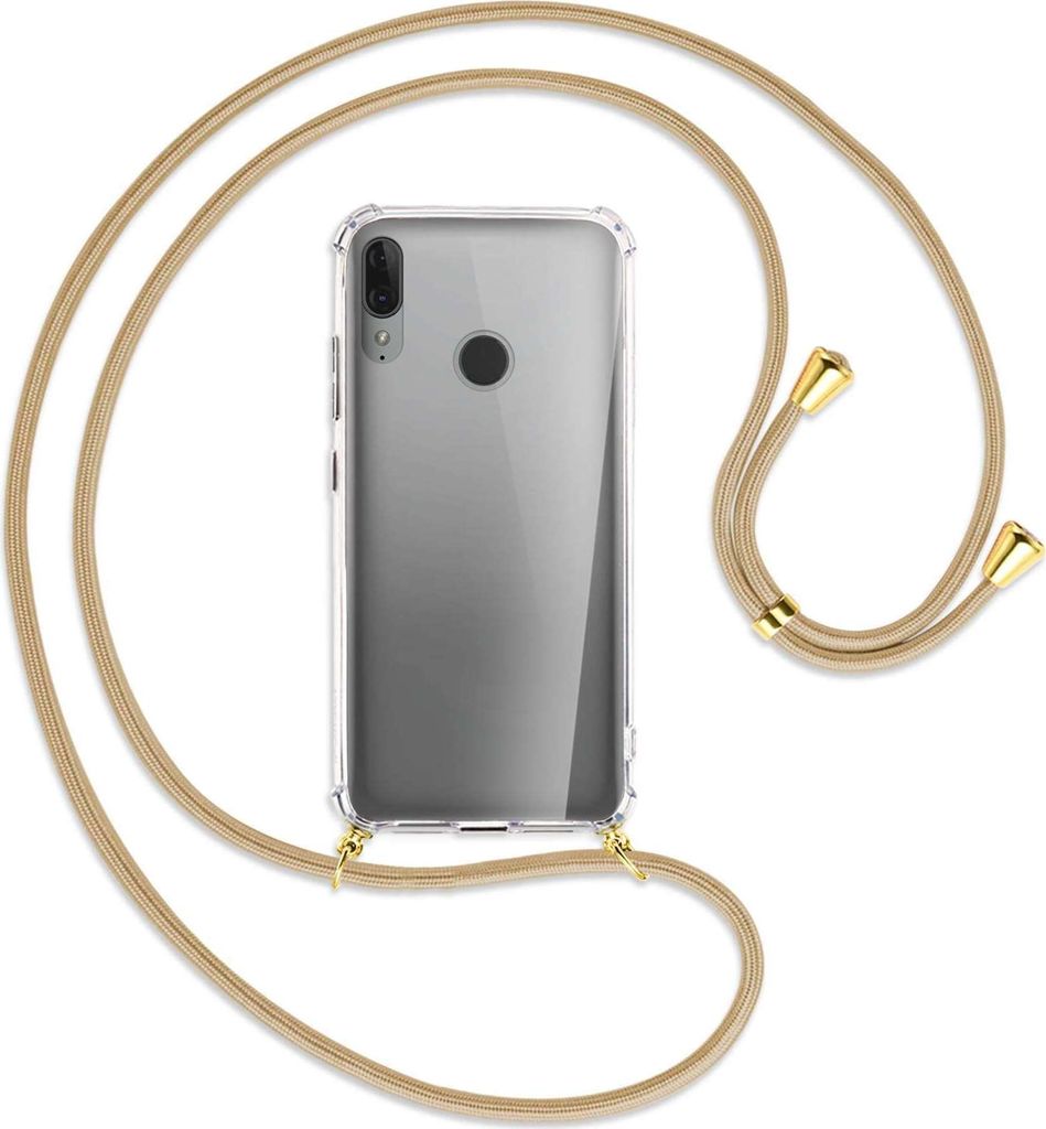Handykette Backcover-Schutzhülle mit Band (Metall goldfarben) für Motorola Moto E6 Plus - caramel