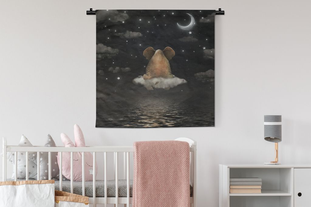 MuchoWow Wandteppich Wandbehang Elefant - Mond - Sternenhimmel 90x90 cm Tapisserie Dekoration Wandtuch - Wandaufhänger