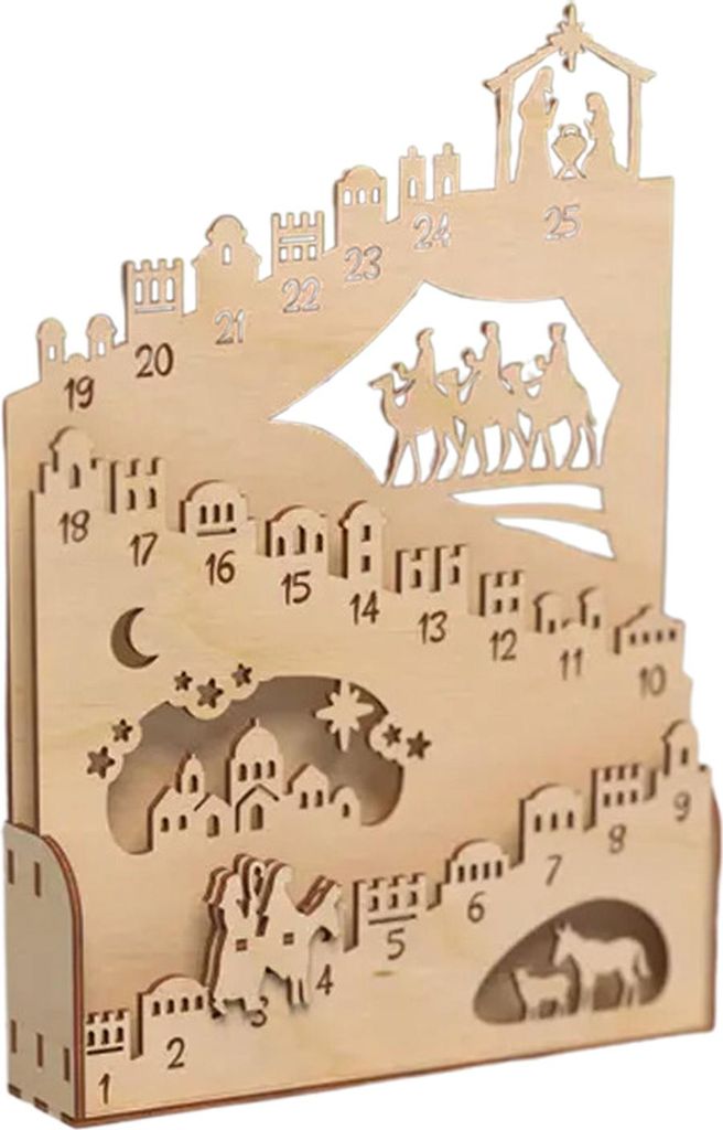 Rustikaler Adventskalender aus Holz mit Krippenmotiv, beleuchtet, ideal als Tischdekoration für Schrank, Schreibtisch, Regal oder Kaminsims.