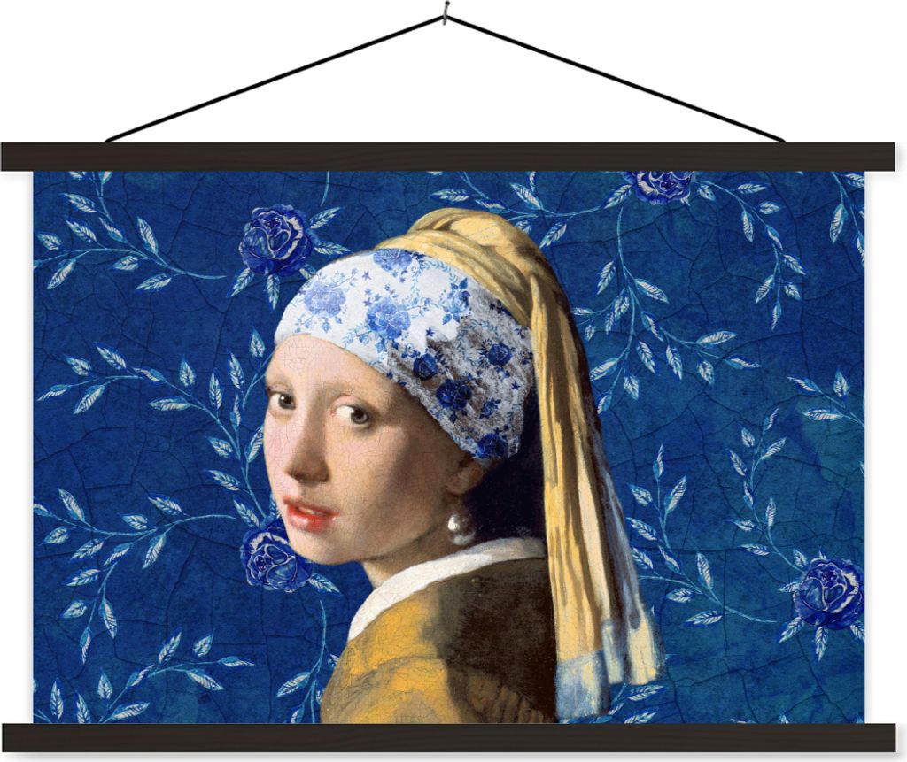MuchoWow Textilposter Mädchen mit Perlenohrring - Delfter Blau - Vermeer - Blumen - Gemälde - Alte Meister 150x100 cm mit schwarzem Rahmen - Sc...