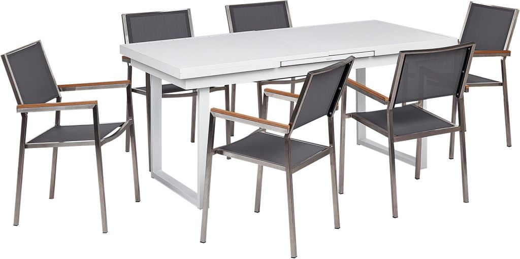 BELIANI Gartenmöbel-Set, weiß/grau Aluminium, Edelstahl, Ausziehbarer Esstisch, 6 Sitzer, Outdoor-Möbel, modern