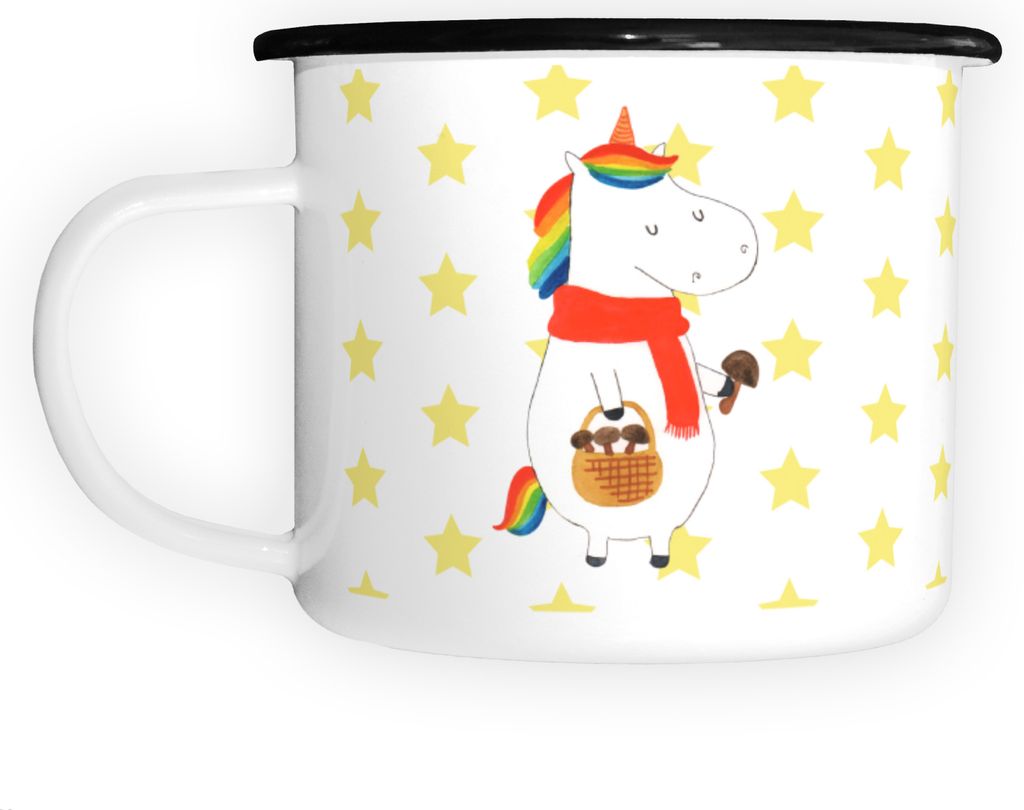 Mr. & Mrs. Panda Emaille Tasse Für Camping Einhorn Pilz - Weiß - Geschenk, Motivation, Pilzsammler, Pilze, Pott, Outdoor, Einhörner, Teetasse, B...