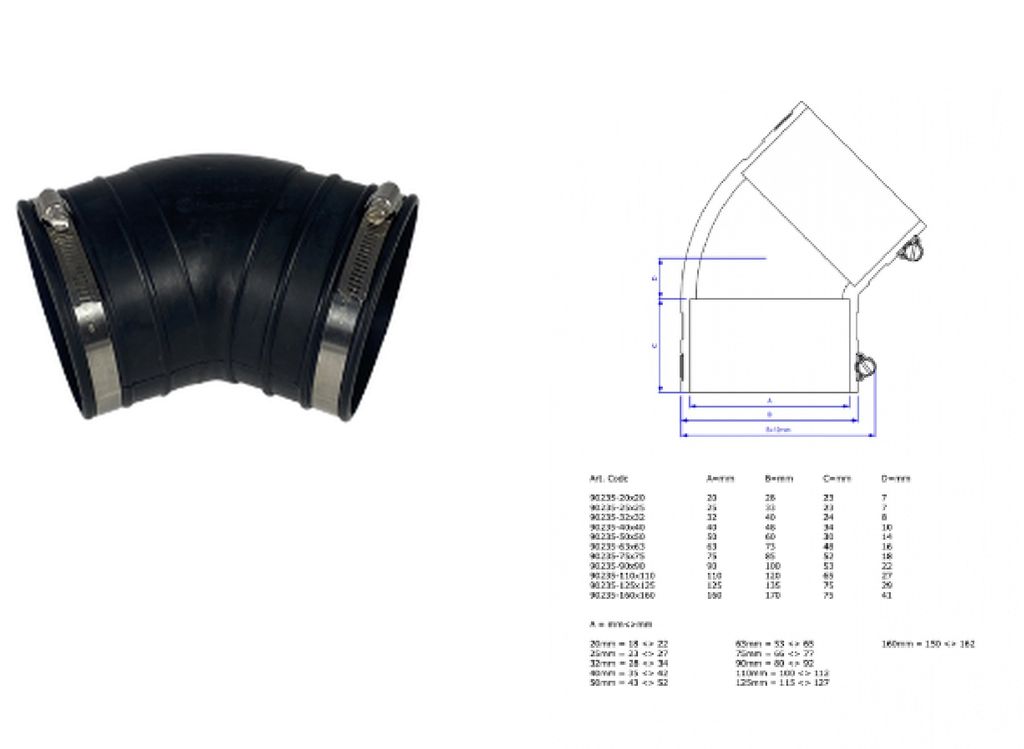 Air Aqua flexibeler Gummi Bogen 45 Grad 20 mm