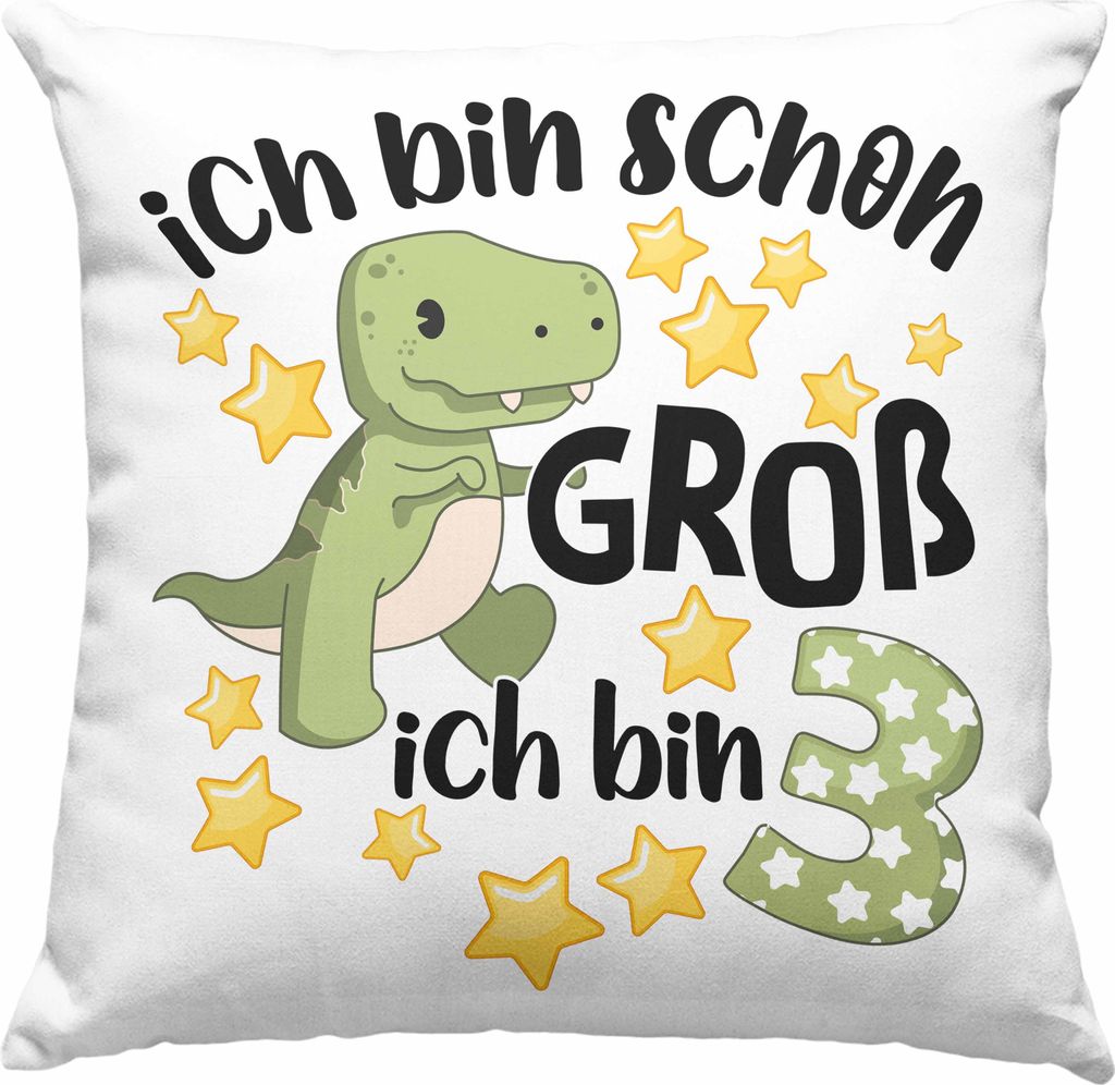 Trendation - 3. Geburtstag Deko-Kissen mit Füllung 40x40 Jungs Jungen Geschenk 3 Jahre Alt 3 Dino für Jungs Dinosaurier Sohn (Grün)