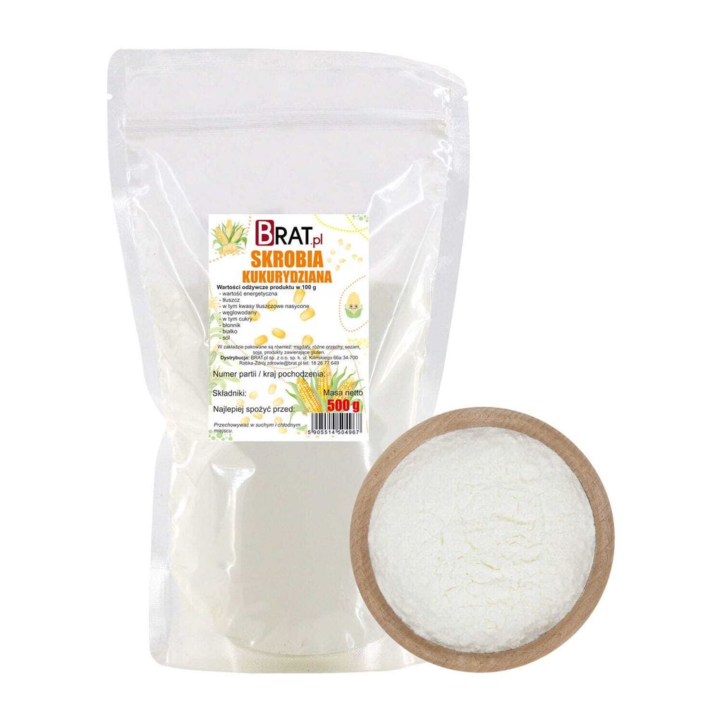 A bag of corn starch next to a bowl of corn starch.