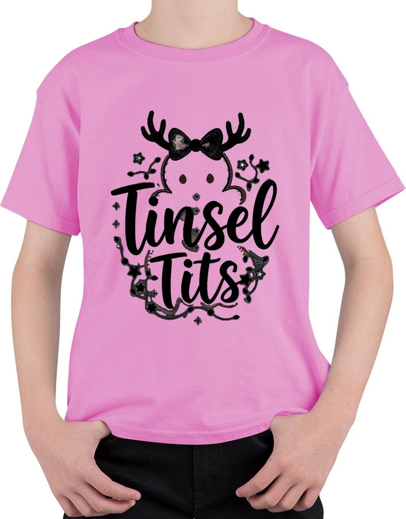 Tinsel Tits lustig Weihnachten Geschenk Rentier Geweih Glitzer Uni Kinder T-Shirt, Pink, 104