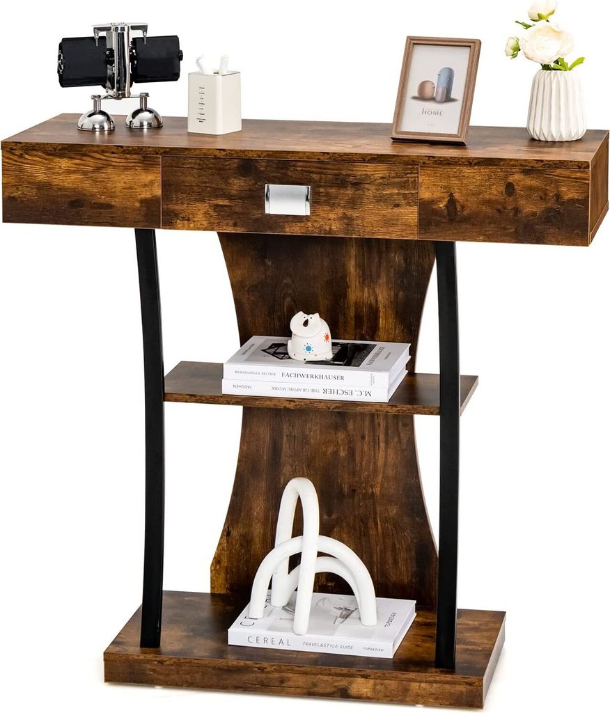 A console table with decorative items on it, set against a white background.