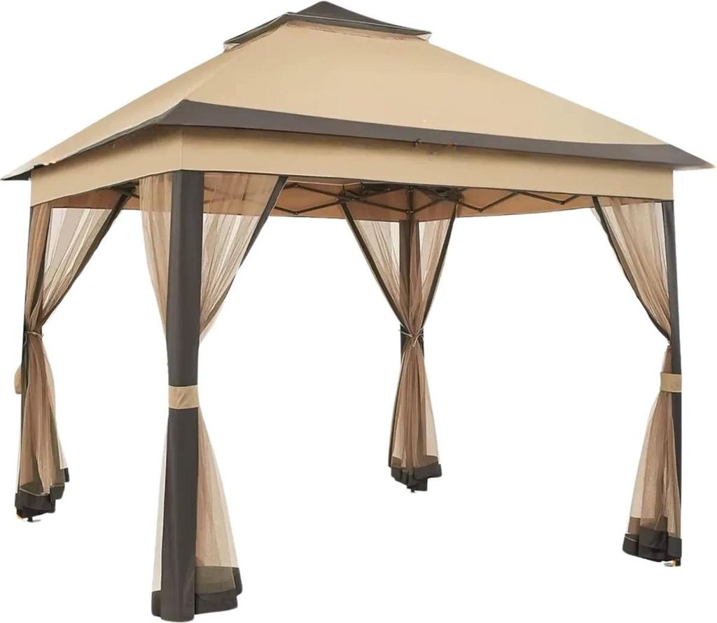 Pavillon 3,3 x 3,3 m – Faltbares Gartenpavillon – Khaki – Höhenverstellbar – Wasserfest & Wetterbeständig – Mit 4 Moskitonetzen – Dop...