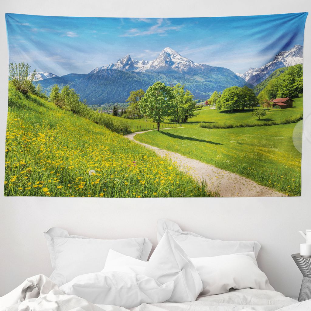 ABAKUHAUS Natur Wandteppich, Wilde Blumen in den Alpen aus Weiches Mikrofaser Stoff Waschbar ohne Verblassen Digitaldruck, 230 x 140 cm, Gelb Grün