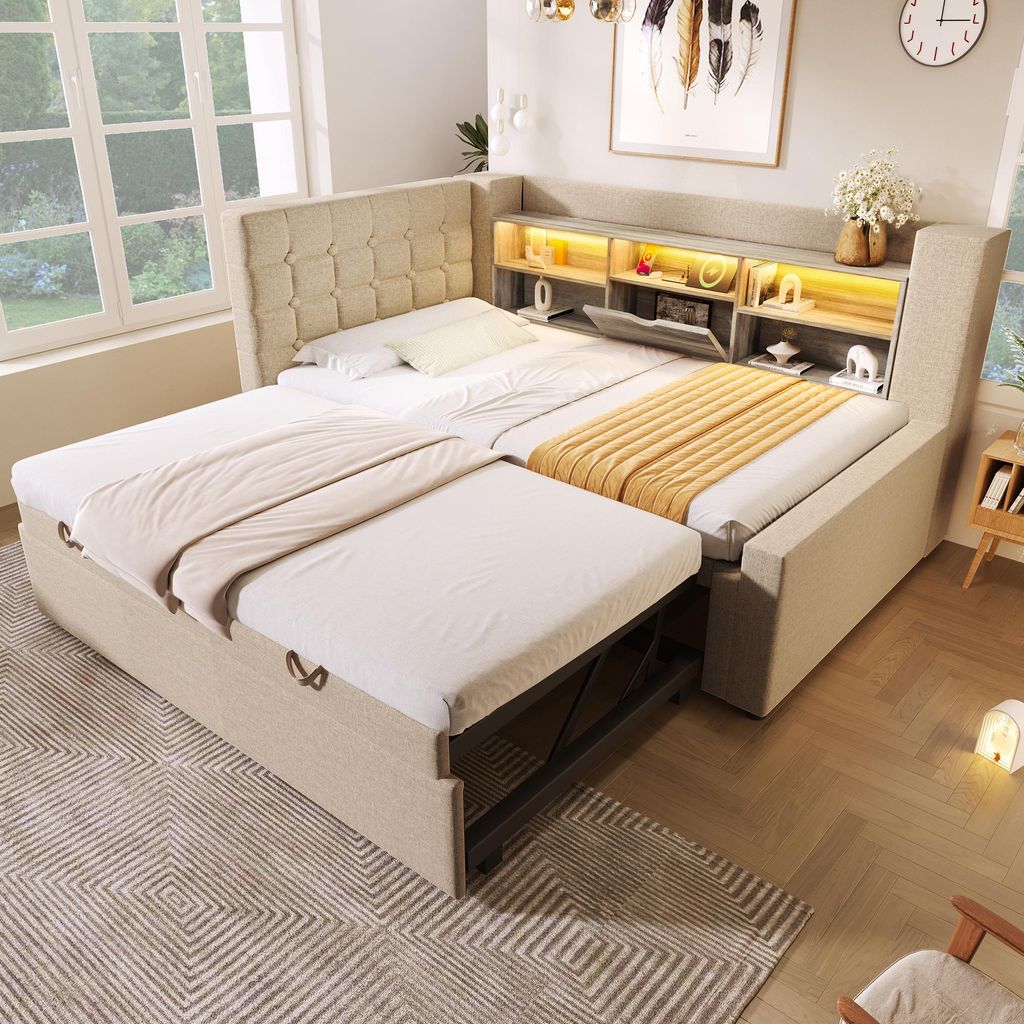 Merax Tagesbett Polsterbett 90x200 mit Ausziehbett 90x190, Daybett mit Stauraum, Schlafsofa Gästebett mit LED & USB, L-förmiges Kopfteil, Leinen ...
