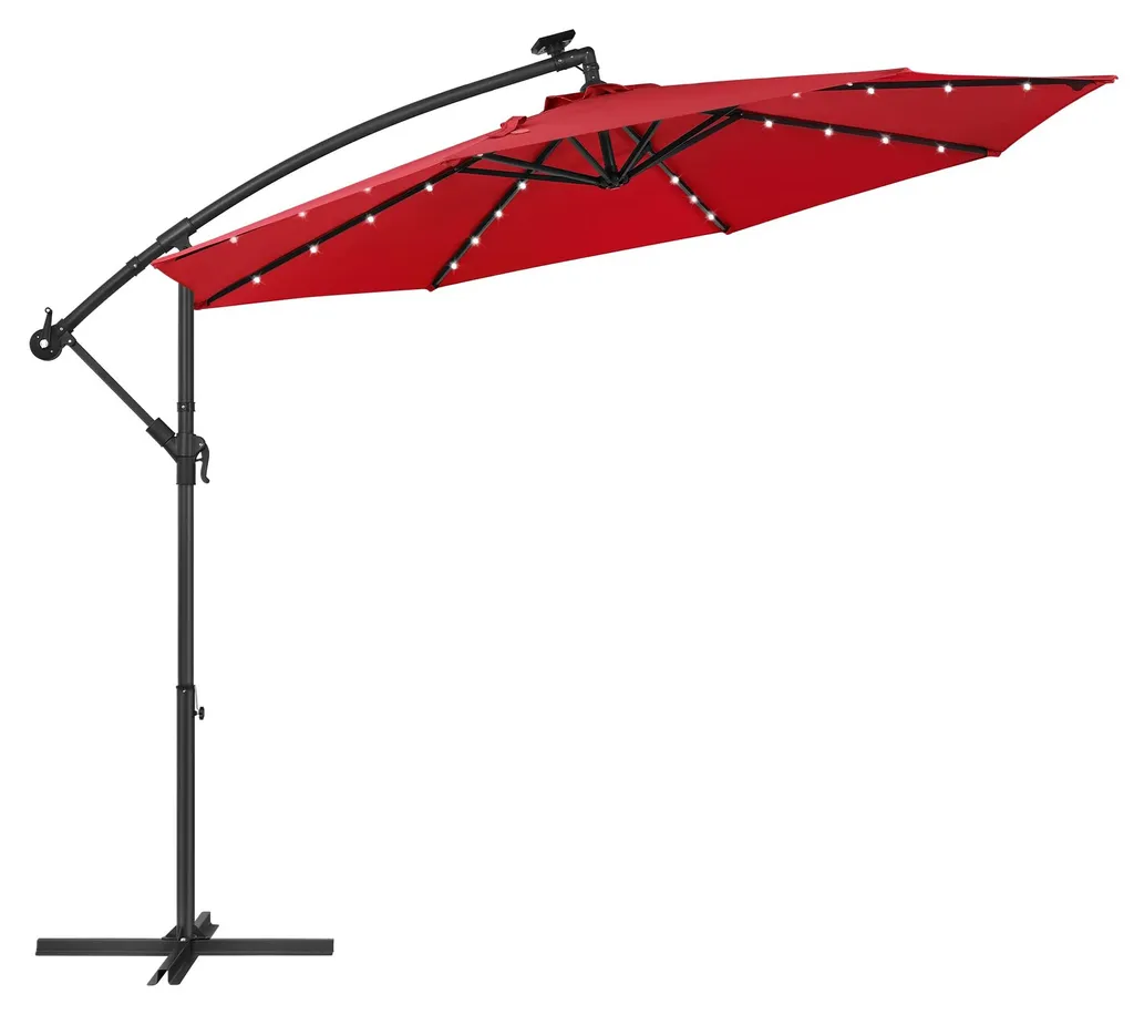Parasol LED solaire rouge UPF 50+ de 300 cm avec manivelle et socle