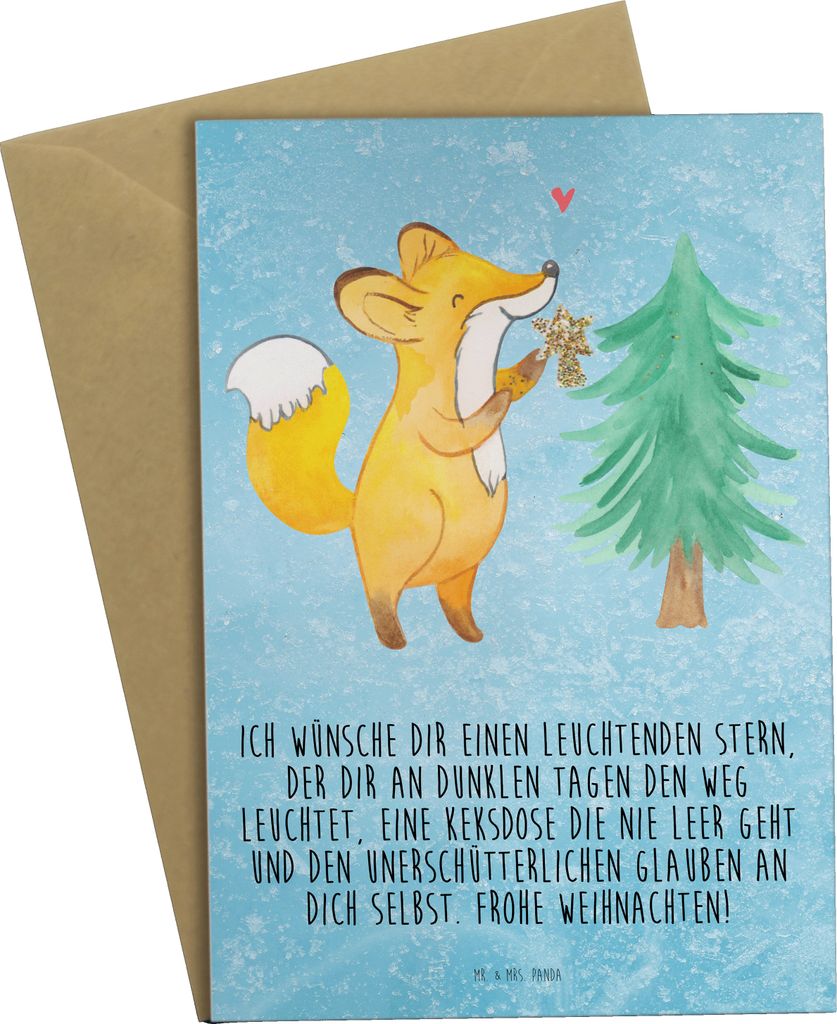 Mr. & Mrs. Panda Glückwunschkarte Fuchs Weihnachtsbaum - Eisblau - Geschenk, Schlittschuh, Weihnachtstage, Weihnachten, Grußkarte, kommunionskart...