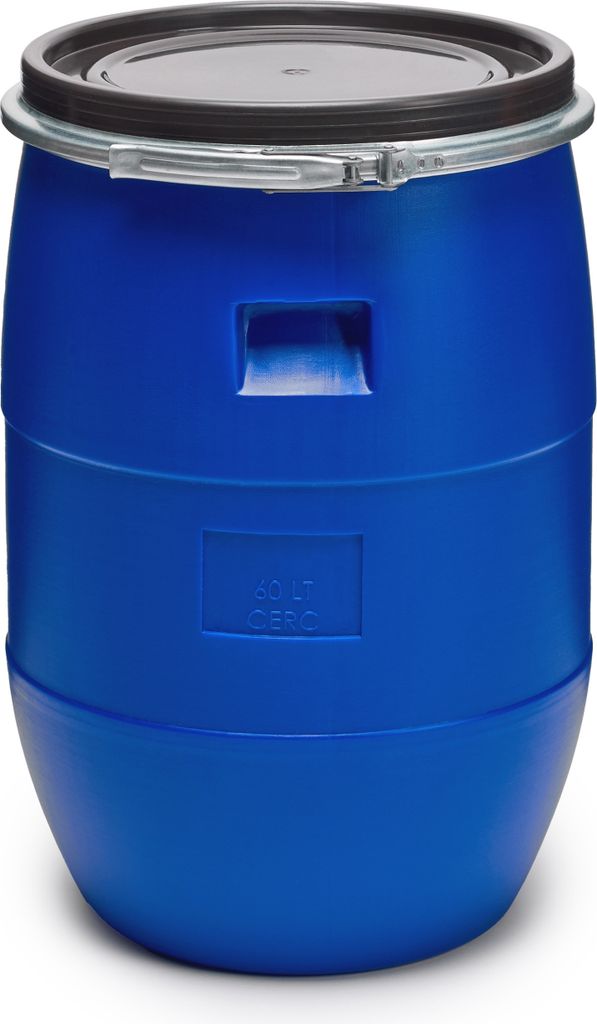 A blue plastic barrel with a black lid and metal clamp.