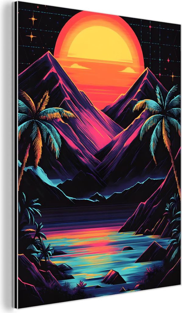 MuchoWow Wanddekoration Metall Metallbild Wandkunst 90x120 cm Palmen - Neonberge - Sternenhimmel - Sonne MuchoWow Aluminium Gemälde - Industrial